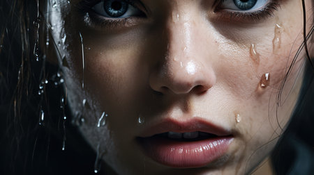 Close-up portrait of a beautiful young woman with wet face.の素材