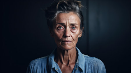 Portrait of a sad senior woman looking at the camera on a dark backgroundの素材