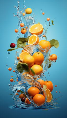 Water splash with oranges and cherries on blue background. 3d renderingの素材