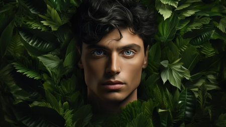 Portrait of a beautiful woman surrounded by green leaves. Beauty, fashion.の素材