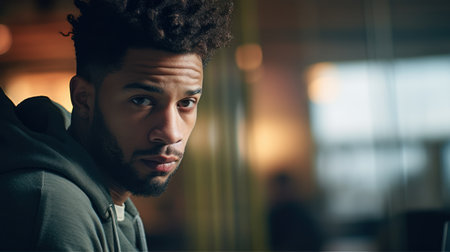 Portrait of young african american man looking at camera in cafeの素材