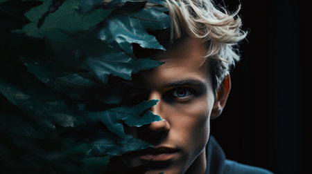 Fashion portrait of a handsome young man with green leaves on his faceの素材