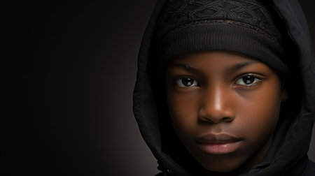 Portrait of a beautiful young african woman in a hood on a dark backgroundの素材