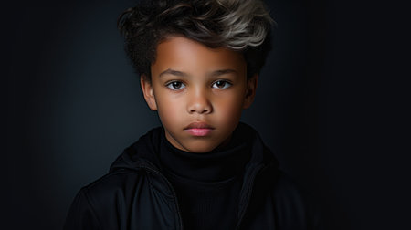 Portrait of a cute african american little boy on black backgroundの素材