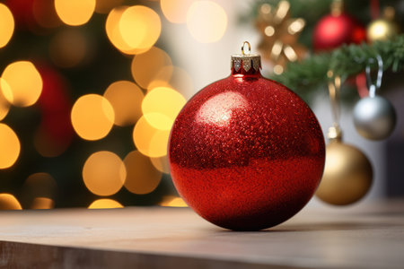 Christmas decoration on wooden table in front of defocused christmas treeの素材