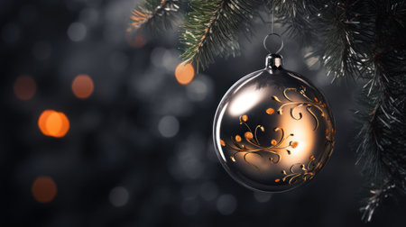 Christmas decoration on the fir tree with bokeh background. Christmas greeting card.の素材