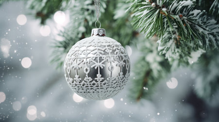 Silver Christmas ball hanging on a branch of a Christmas tree. Christmas background.の素材