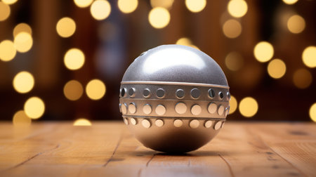 Christmas ball on a wooden background with bokeh lights, close upの素材