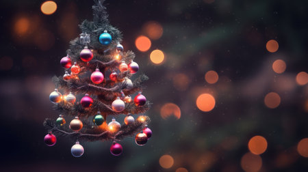 Christmas tree with colorful balls on bokeh background. 3D renderingの素材