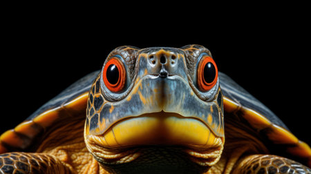 Close up of the head of a red-eared turtle on a black backgroundの素材