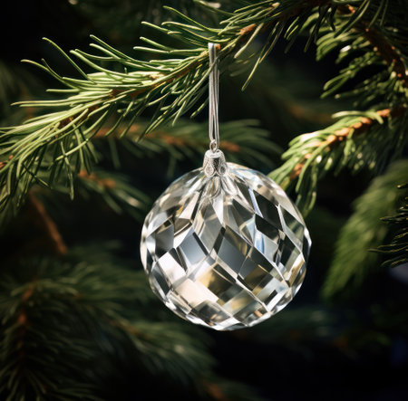 Christmas tree decoration with glass ball on the branch of a Christmas treeの素材
