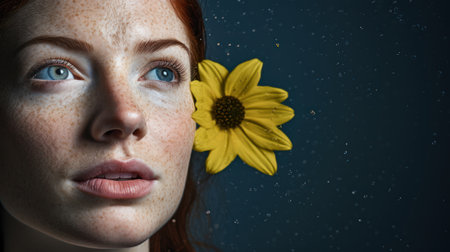 Beautiful redhead girl with freckles and yellow flower in her hairの素材