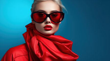Fashionable blonde woman in red coat and red sunglasses. Studio shot.の素材