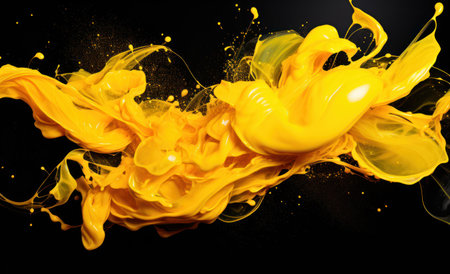 Yellow paint splashing isolated on black background. Abstract colorful background.の素材