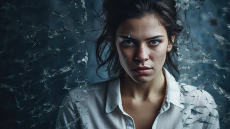 Portrait of a beautiful young woman in a white shirt with a broken glassの素材