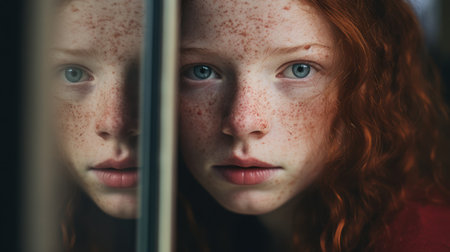 Portrait of red-haired girl with freckles looking at the mirrorの素材
