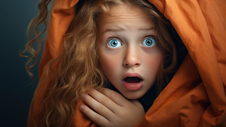 Portrait of scared little girl covering her mouth with orange blanket.の素材