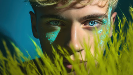 Portrait of a beautiful young man with blue eyes and green hair.の素材