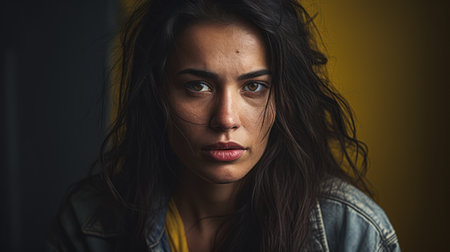 Close-up portrait of a beautiful brunette woman looking at cameraの素材