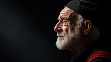 Portrait of an old man with white beard and hat on black backgroundの素材