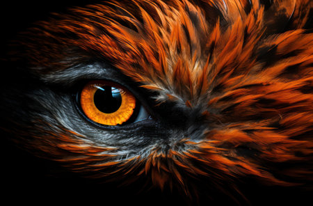 Close-up of an orange owl's eye on a black backgroundの素材