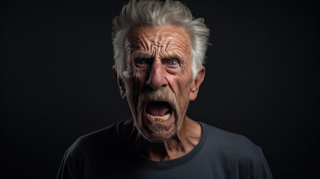 Portrait of an angry senior man on a dark background. Emotions.の素材