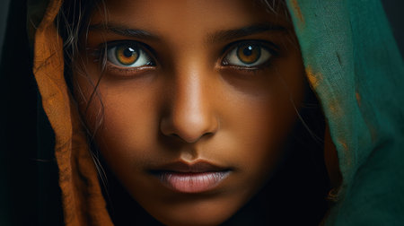 Closeup portrait of beautiful african american girl with green eyesの素材