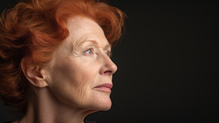 Portrait of beautiful senior woman with red hair on a black backgroundの素材