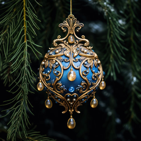 Christmas tree decoration with baubles and ornaments, close upの素材