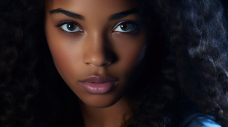 Beautiful african american young woman with curly hair and makeup.の素材