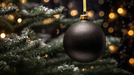 Black Christmas ball hanging on a christmas tree with bokeh backgroundの素材