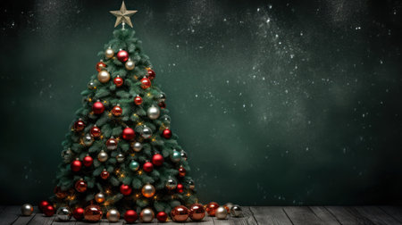 Christmas tree with red and gold baubles on wooden deck against green chalkboardの素材