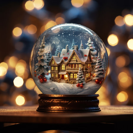 Snow globe with christmas tree and house on bokeh backgroundの素材
