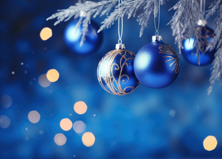 Blue christmas balls on a branch of a Christmas tree with bokeh backgroundの素材