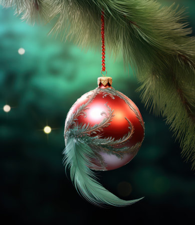 christmas ball on a branch of a Christmas tree with a featherの素材