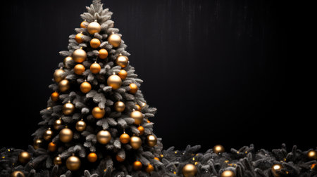 Christmas tree with golden balls and tinsel on a black background.の素材