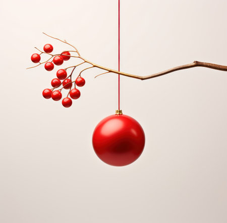Red christmas ball hanging on twig with berries on white backgroundの素材