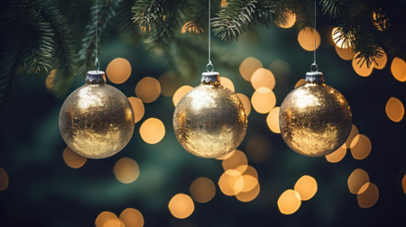 Golden christmas baubles hanging on tree with bokeh backgroundの素材