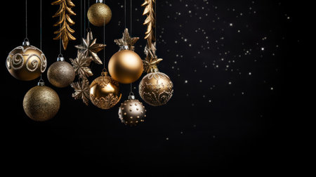 Golden christmas baubles hanging on black background with copy spaceの素材