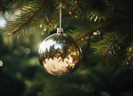 Christmas ornaments on the branches of a Christmas tree. Shallow depth of fieldの素材