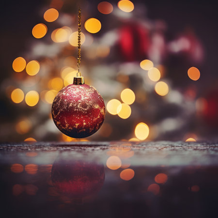 Christmas bauble on bokeh lights background. Christmas greeting card.の素材