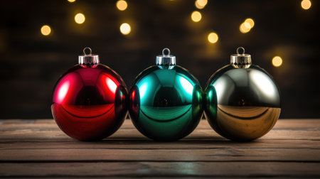 Three colorful christmas baubles on wooden table with defocused lightsの素材