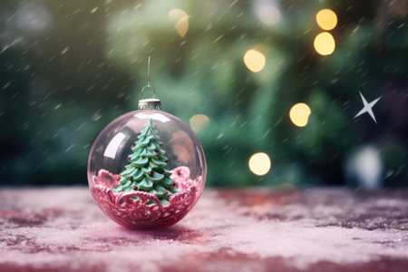 Christmas tree in glass ball on wooden background with bokeh lightsの素材