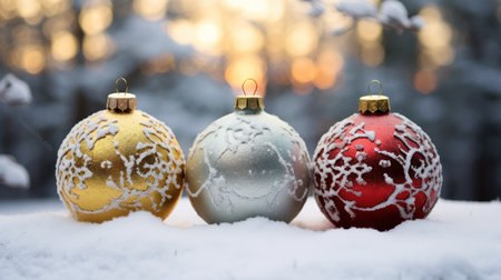 Christmas balls on snow in winter forest. Christmas and New Year background.の素材
