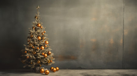 Christmas tree with ornaments on grey background. 3d renderの素材