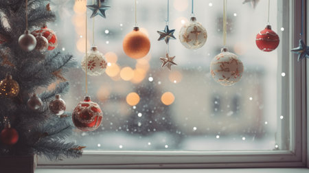 Christmas decoration on the windowsill with bokeh lights and snowの素材