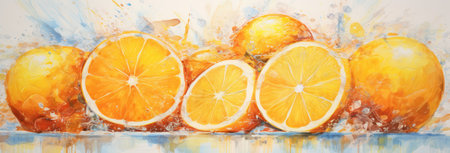 Orange slices in water splashes on a white background. Watercolor painting.の素材