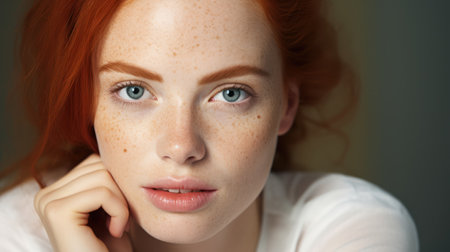 Close up portrait of beautiful young redhead woman with freckles on face looking at cameraの素材