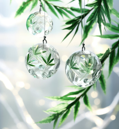 Marijuana leaves and Christmas tree decorations on blurred background, closeupの素材