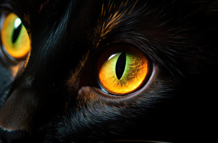 Close up of a black cat's eyes with yellow and green eyesの素材